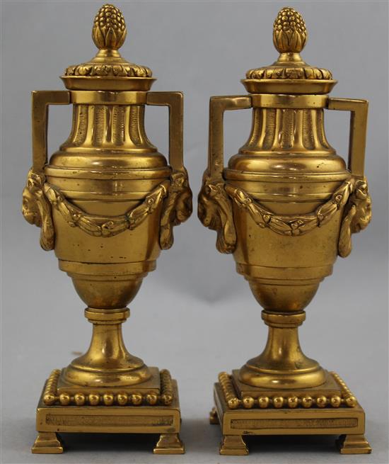 A pair of early 20th century ormolu cassolettes, 6.75in.